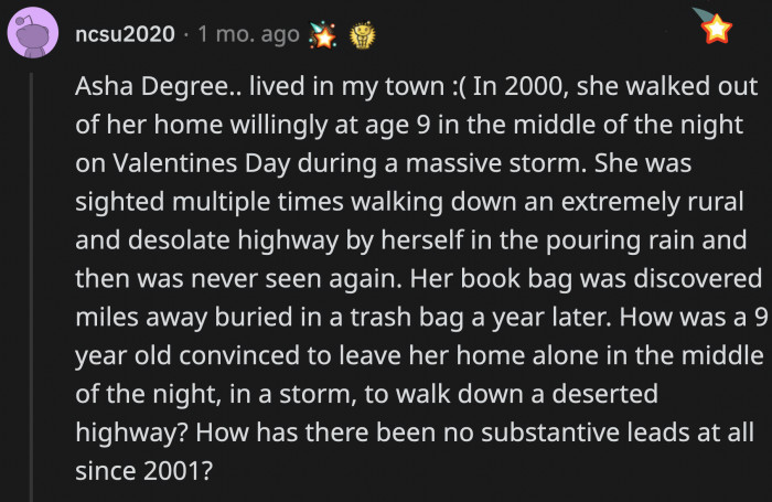 3. Someone saw this girl walking and when they approached, she ran off into the woods. A photograph of an unidentified person was also found inside her backpack.