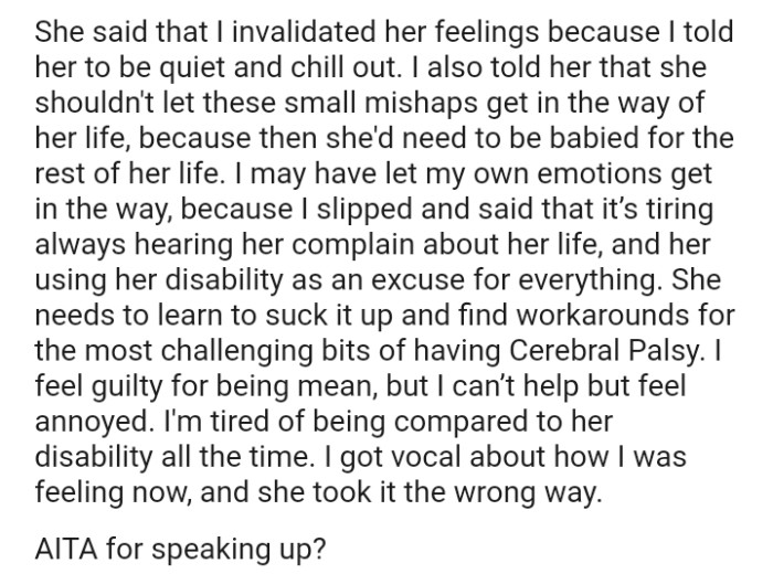 The OP feels guilty for being mean, but can’t help but feel annoyed