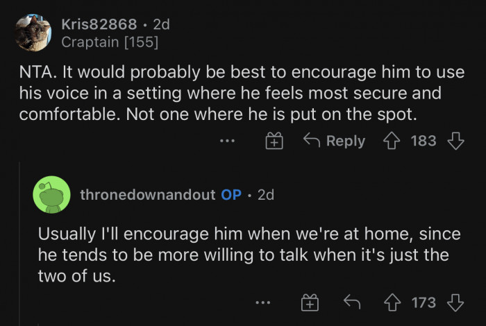 OP's son is regularly encouraged to speak.