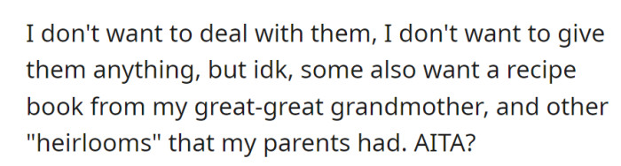 Facing family demands for inheritance, including a recipe book and 