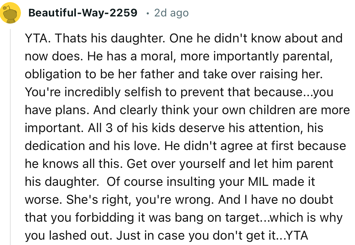 “YTA. He has a moral, more importantly parental, obligation to be her father and take over raising her.”