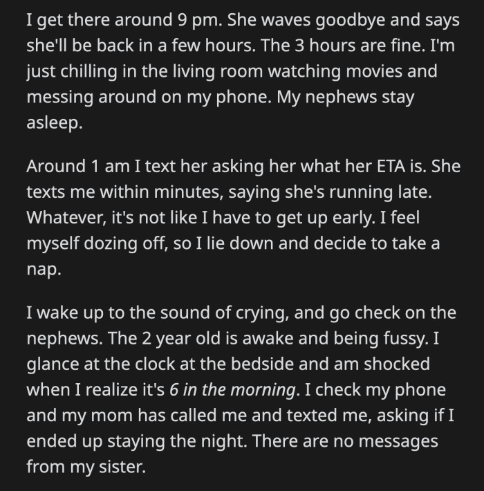 OP knew trapping her in their apartment had been her stepsister's plan all along. OP texted her stepsister that if she wasn't home in the next five hours, OP would take her children to their paternal grandparents.