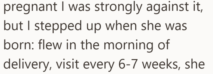 Although he opposed the pregnancy early on, he says he showed up for the birth and continues visiting regularly.