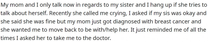 OP and her mom are basically NC and only communicate regarding OP's younger sister.