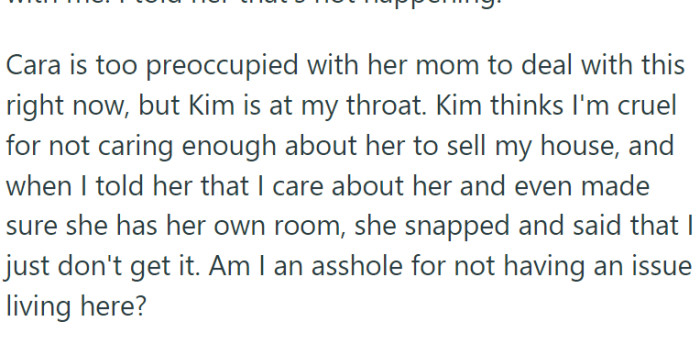 Now Kim demands that OP sell the house