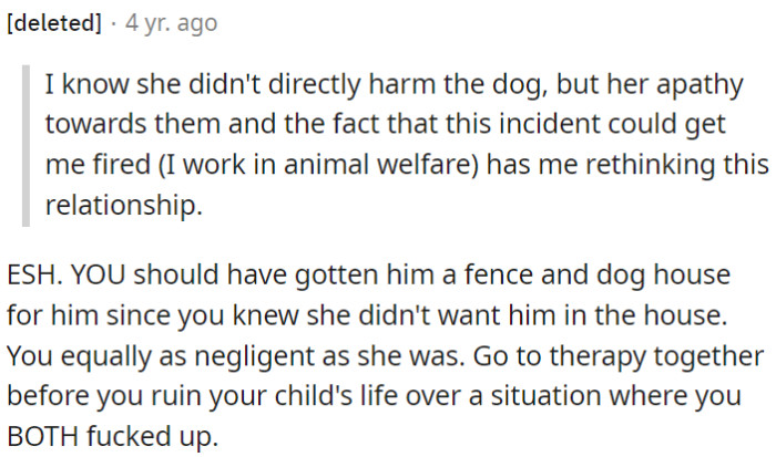 Both partners are at fault; they should have provided outdoor accommodations for the dog.