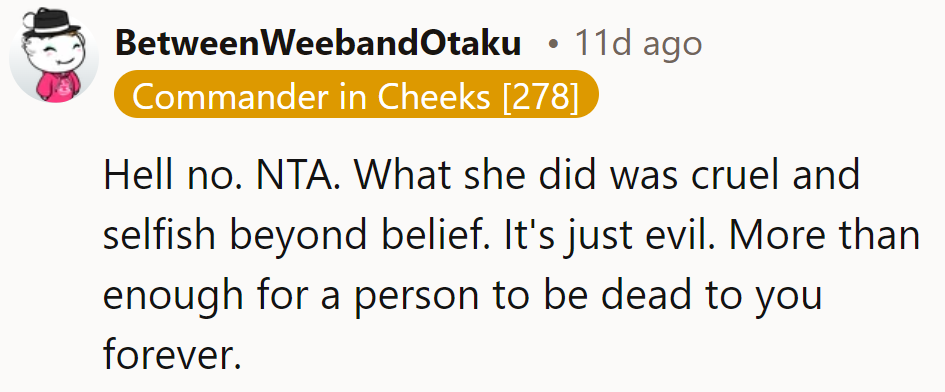 She's crossed the line from selfish to downright diabolical. Time to say 'meow' to cutting ties.