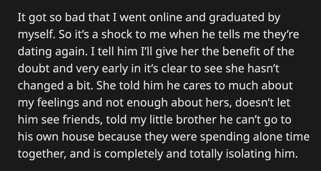 OP told her brother that his girlfriend is a terrible person and that she refuses to associate with her.
