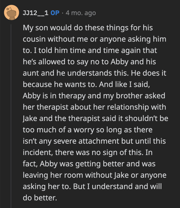 Prior to this event, OP thought Abby's attachment to Jake wasn't a cause for alarm.