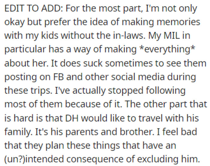 Seeing the in-laws post pictures of their trips on the Internet isn't easy for OP
