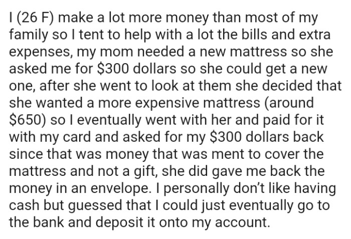 The OP eventually went with her mom and paid for it with her card and asked for the $300 back