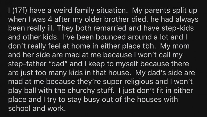 OP doesn't feel at home in any of her parents' houses.