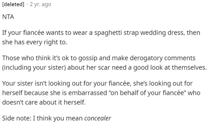 OP should respect his fiancée's choice of a spaghetti strap wedding dress.