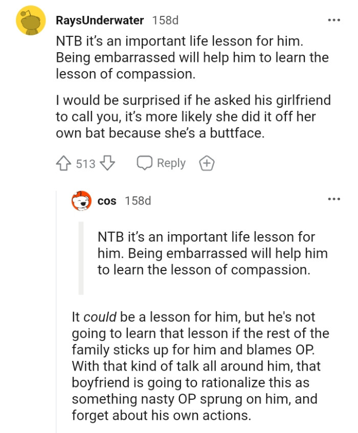 This Redditor believes this should be an important life lesson for him to be more compassionate