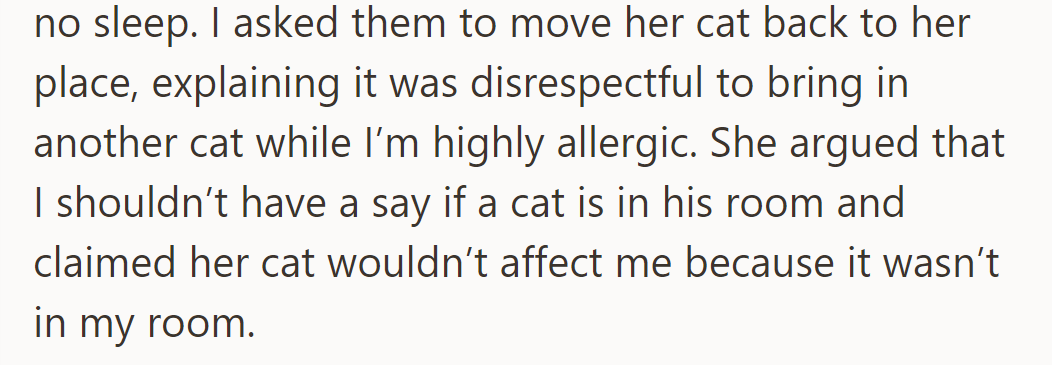 OP's allergies worsened, and they asked them to move the cat, but the girlfriend refused.