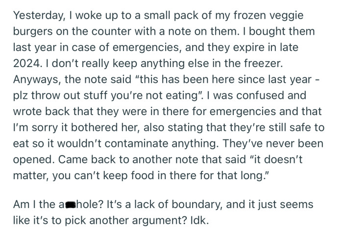 Now OP and their roommate are going back and forth, yet again, over some veggie burgers