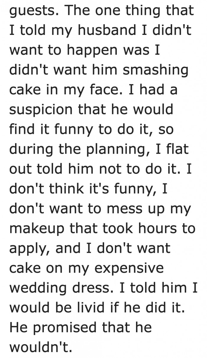 She firmly told her husband that she doesn't want the cake smashed on her.