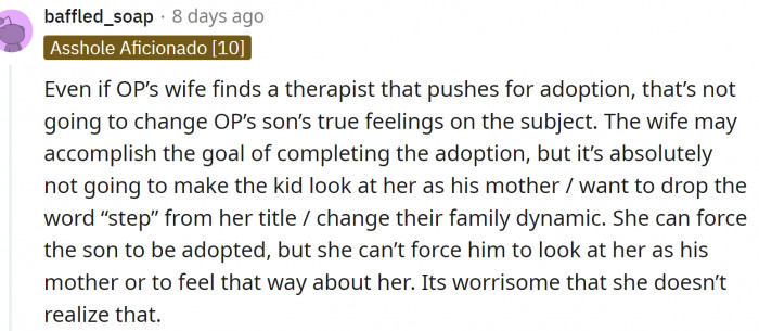 And even if she finds one, that's not going to change the little boy's feelings about the adoption.