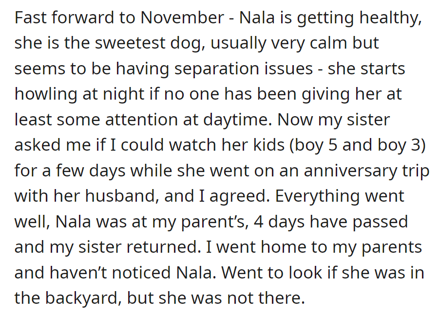 In November, Nala's separation anxiety surfaces as she howls at night. OP watches their sister's kids, then returns home to find Nala missing from the backyard.