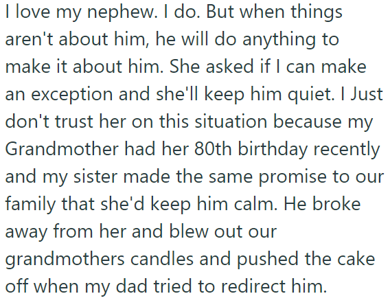 The OP's sister promised she'll keep him quiet, but the OP knows she can't keep that promise: