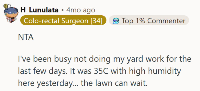 The lawn isn’t going anywhere, but heatstroke might. Priorities secured.