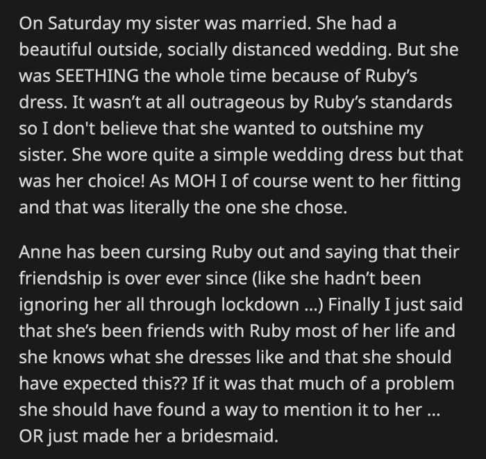 Anne got mad because of what OP said after the wedding