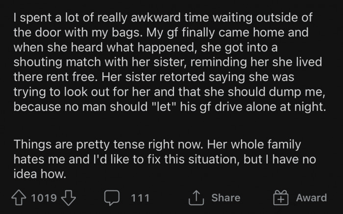 The sister then suggested that OP's girlfriend should break up with him for 