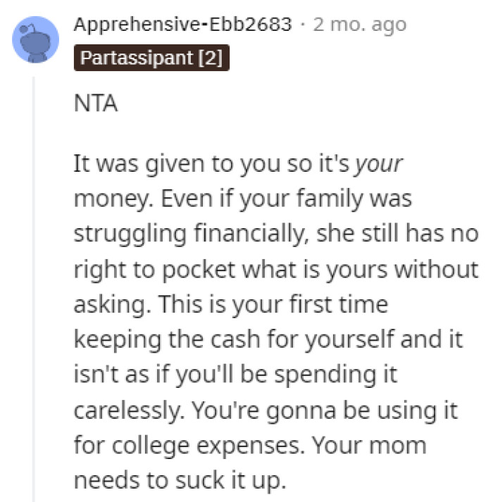 She has no right to take that money