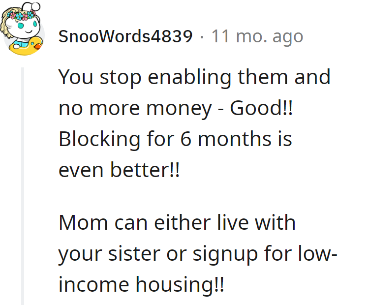 Snip, block, and a dash of housing humor. Mom's got options: sis's place or a low-income penthouse!