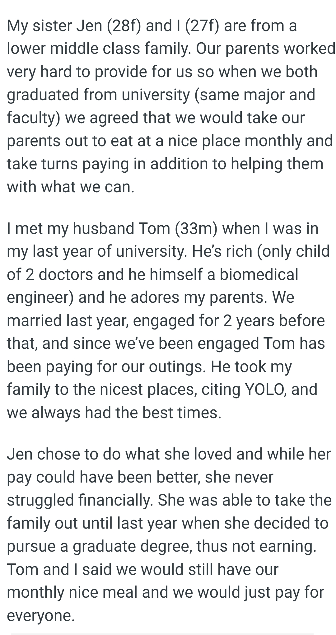 They agreed that they would take their parents out to eat at a nice place monthly