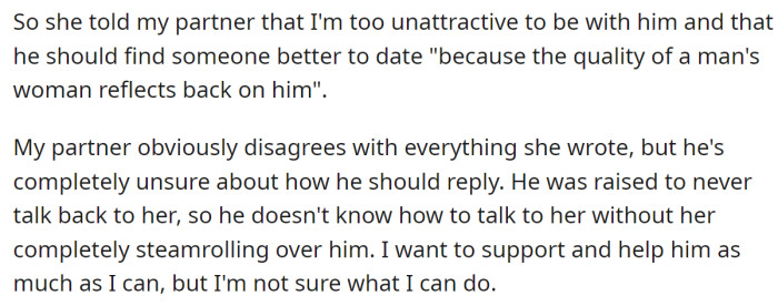 So, eventually, the mother-in-law told her son to find another partner: