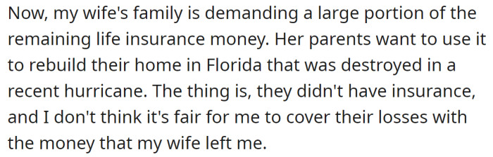 But his wife's parents demanded a large portion of the remaining money: