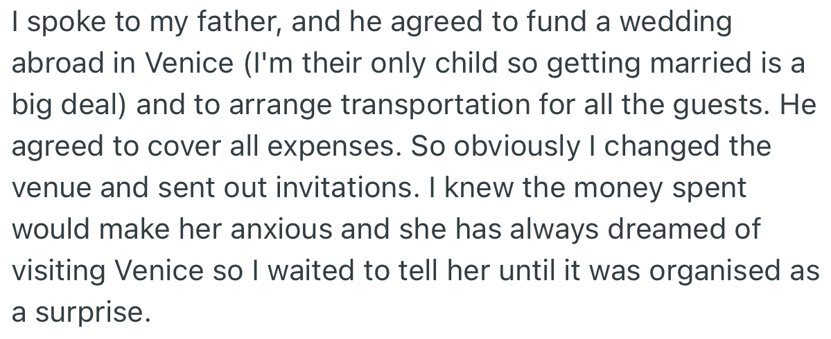 OP secretly changed the wedding venue to a beautiful spot in Venice