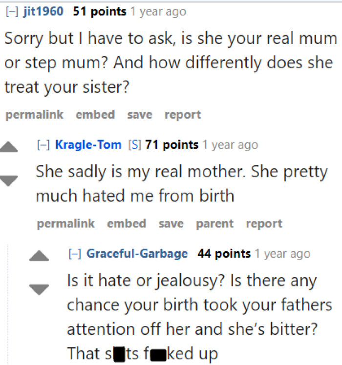 The OP tells the community that the woman is his biological mother, but she has hated him since birth.