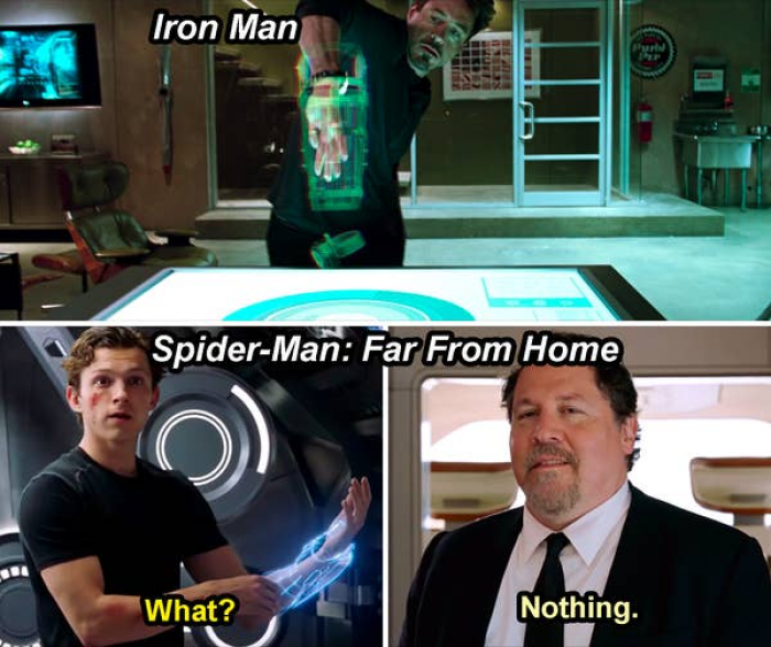 24. Happy gives Peter a fond look in 'Spider-Man: Far From Home' when he catches him interacting with the holograms like Tony did in 'Iron Man'