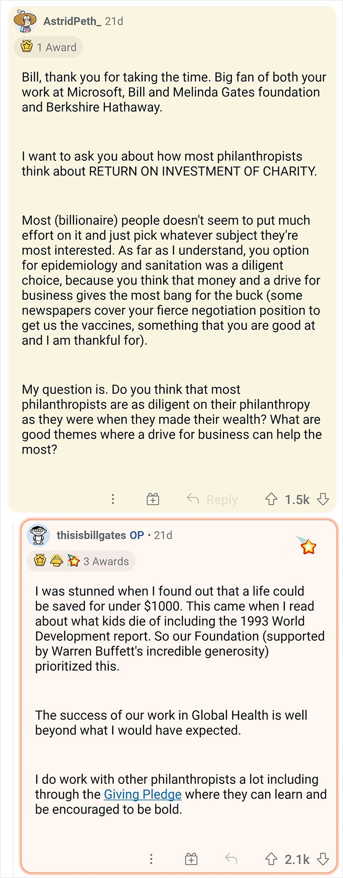 18. Gates' thoughts on the return of investments in charity