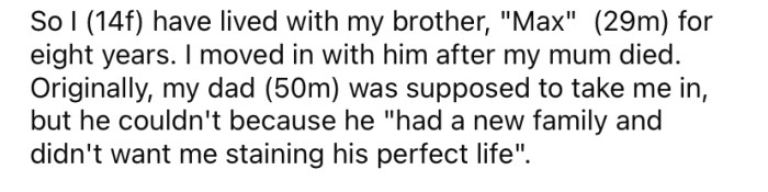 She explained that she has lived with her older brother since her mother died when she was six, and their dad was too busy with his new family to take her in.