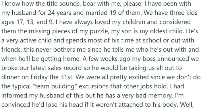 A few weeks ago, OP's boss announced a celebratory dinner outing to recognize the team's latest sales record.