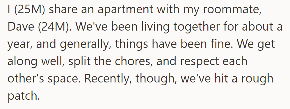 Two roommates, OP and Dave, generally get along but recently faced challenges in their year-long living arrangement.