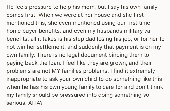 OP’s husband feels pressure to help, but she’s adamant that it’s too risky