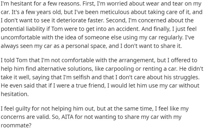 OP Has Valid Concerns About Sharing His Car with His Roommate, Including Worries About Wear and Tear, Liability, and Personal Comfort