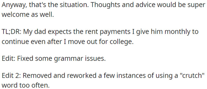 OP's father expects her to continue paying rent even after she moves out for college