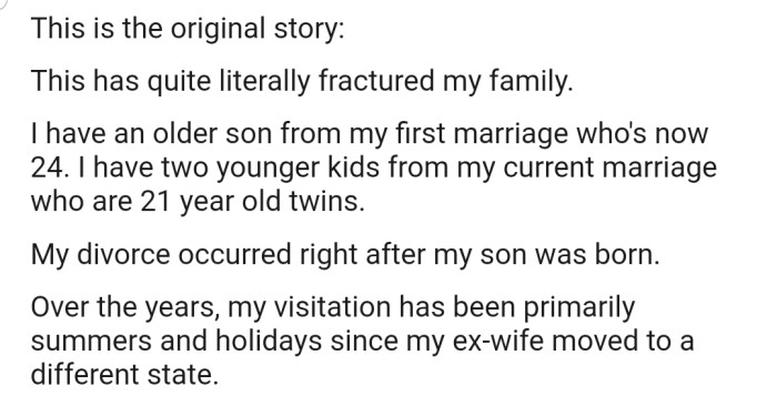 The Original story: OP has a 24-year-old son from their previous marriage and 21-year-old twins from their current marriage. Visitations to their first son have been primarily during summers and holidays since their ex-wife moved to another state.