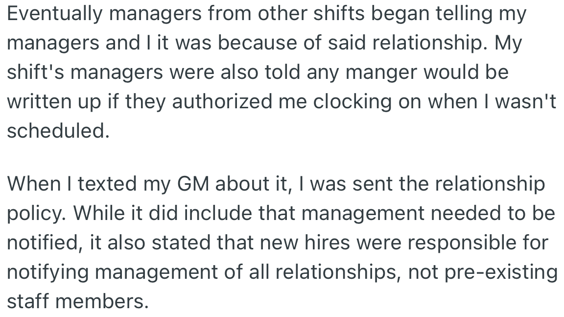 Other managers became aware of their relationship. OP informed management about this and was given the company’s relationship policy.