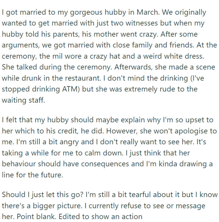 OP tied the knot with her wonderful husband this past March. They originally wanted to keep things simple with a tiny wedding, just the two of them and a couple of witnesses. Mother-in-law had different ideas: