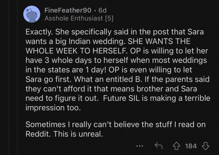 Sara wants the WHOLE WEEK TO HERSELF.