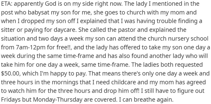Although Fridays still require a solution, the weekdays from Monday to Thursday are now covered, allowing OP to finally breathe a sigh of relief