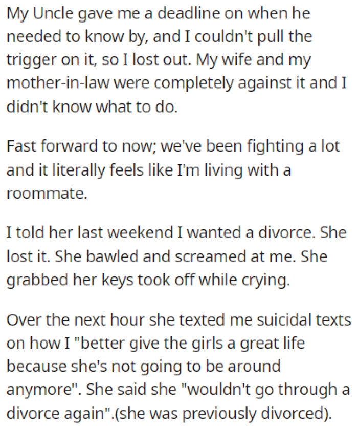 After OP Told His Wife That He Wants a Divorce, She Stormed Out and Sent Him Suicidal Texts