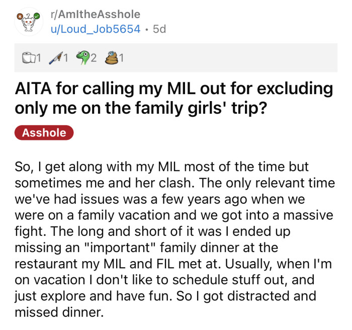 The OP asked if she's an a**hole for calling out her MIL for excluding her on a family trip.