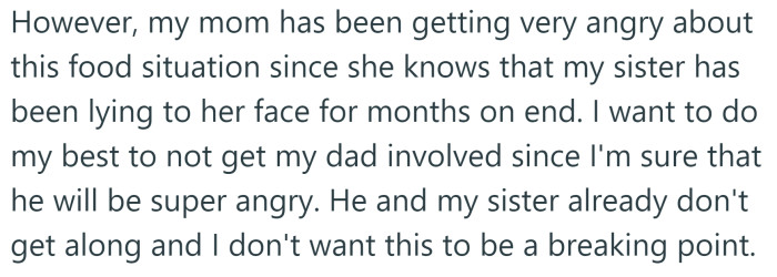 But the OP says her mom has been getting very angry about the food situation.